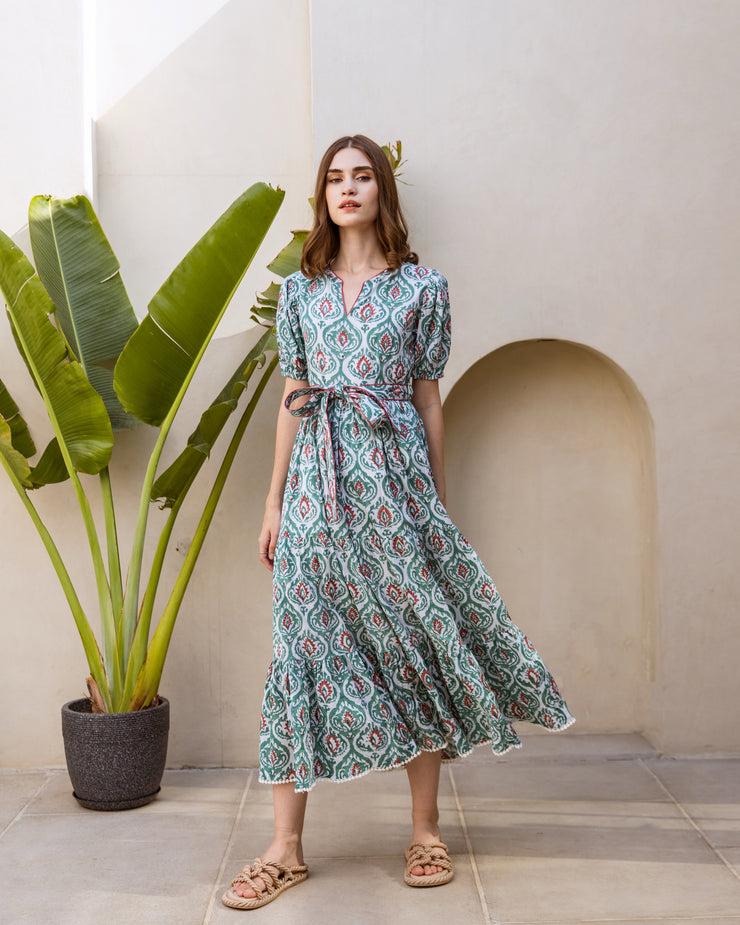 Elegant Hand-Block Printed Cotton Midi Dress