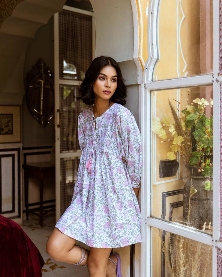 Floral Block Print Cotton Short Dress