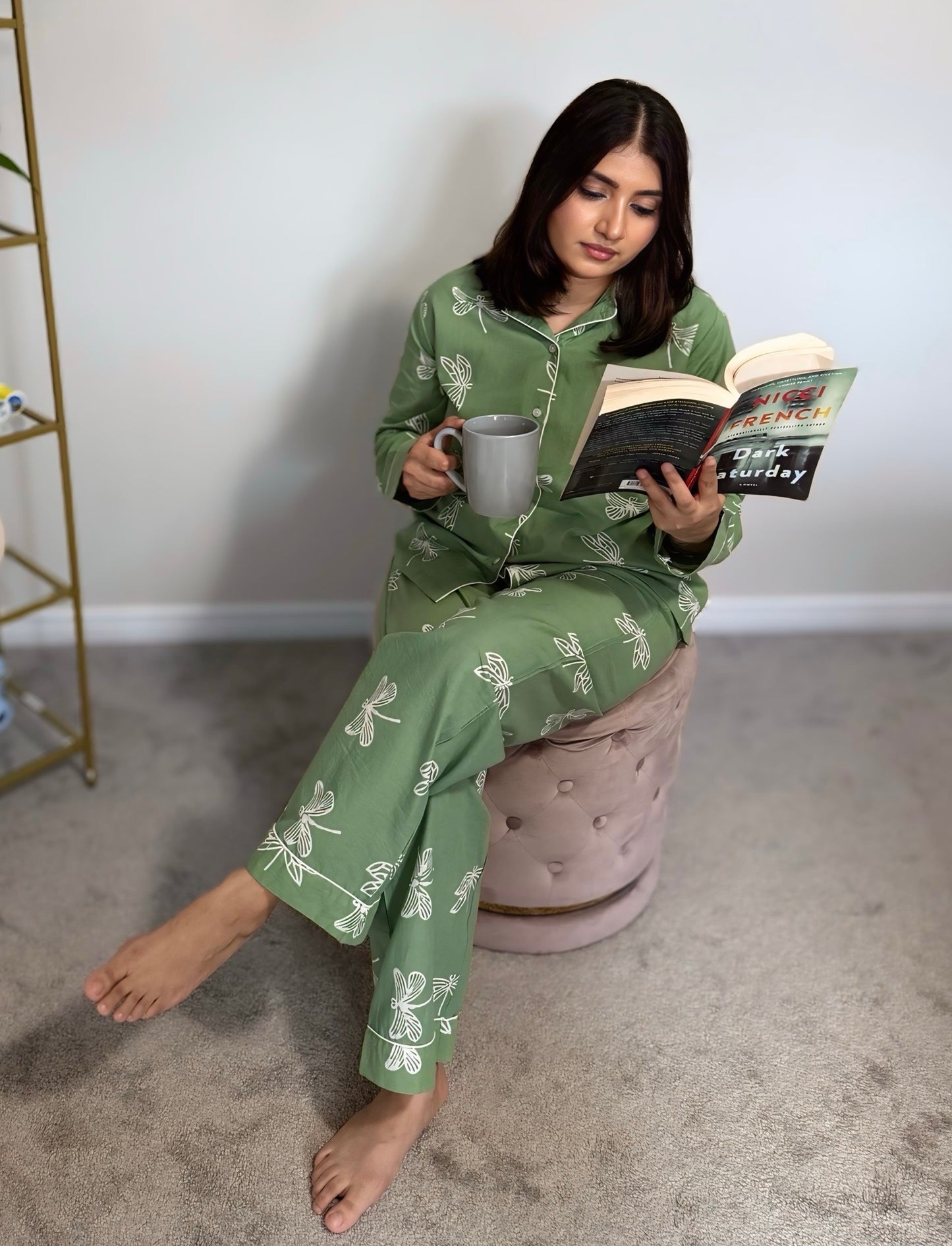 Green Butterfly Hand block Cotton Pajama Set