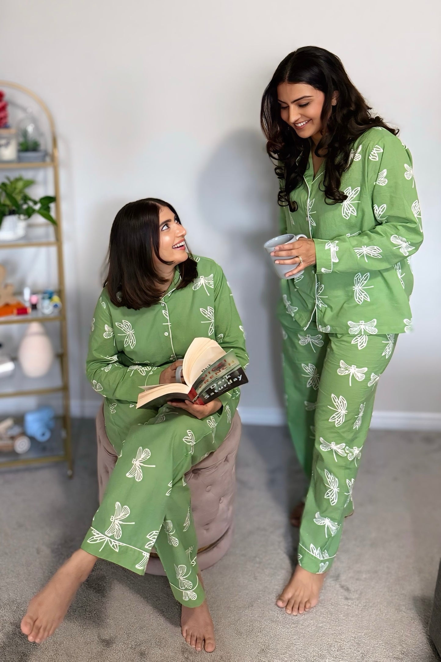 Green Butterfly Hand block Cotton Pajama Set