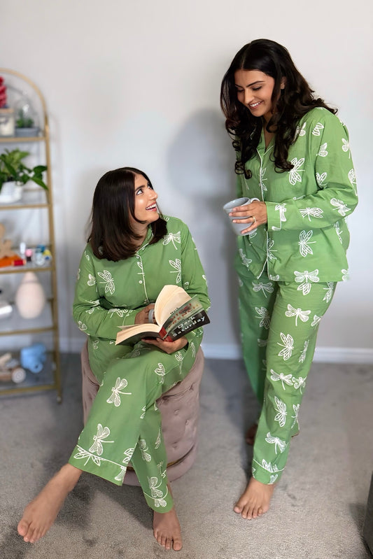 Green Butterfly Hand block Cotton Pajama Set
