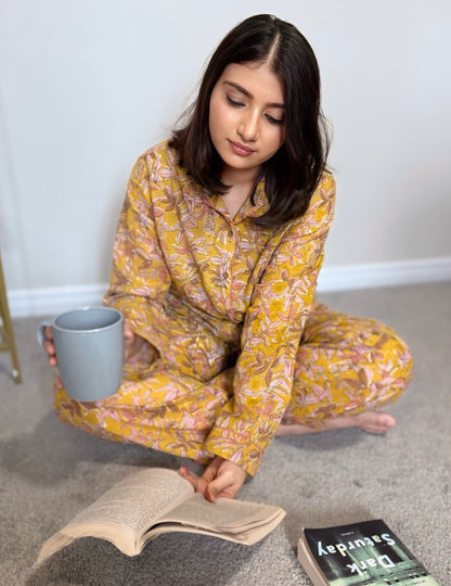 Floral Yellow Hand block Cotton PJ set