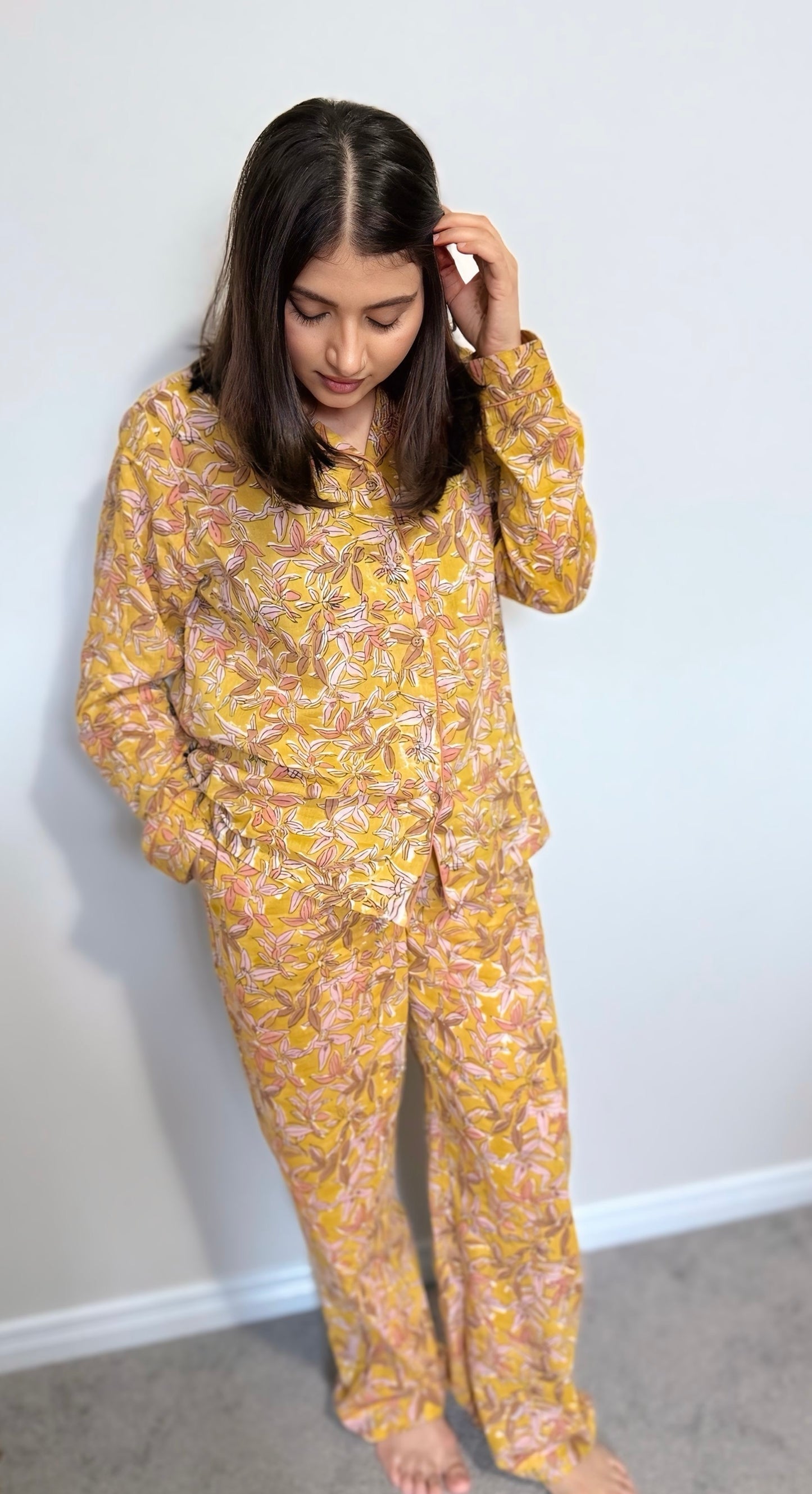 Floral Yellow Hand block Cotton PJ set