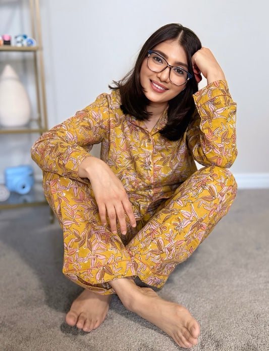 Floral Yellow Hand block Cotton PJ set