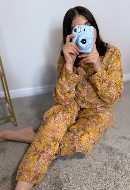 Floral Yellow Hand block Cotton PJ set