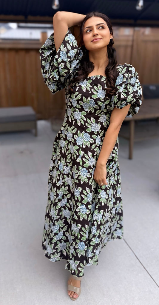 Black indigo Hand block Midi Cotton Dress