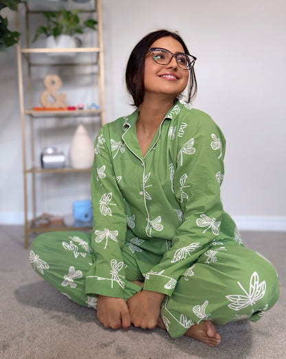 Green Butterfly Hand block Cotton Pajama Set